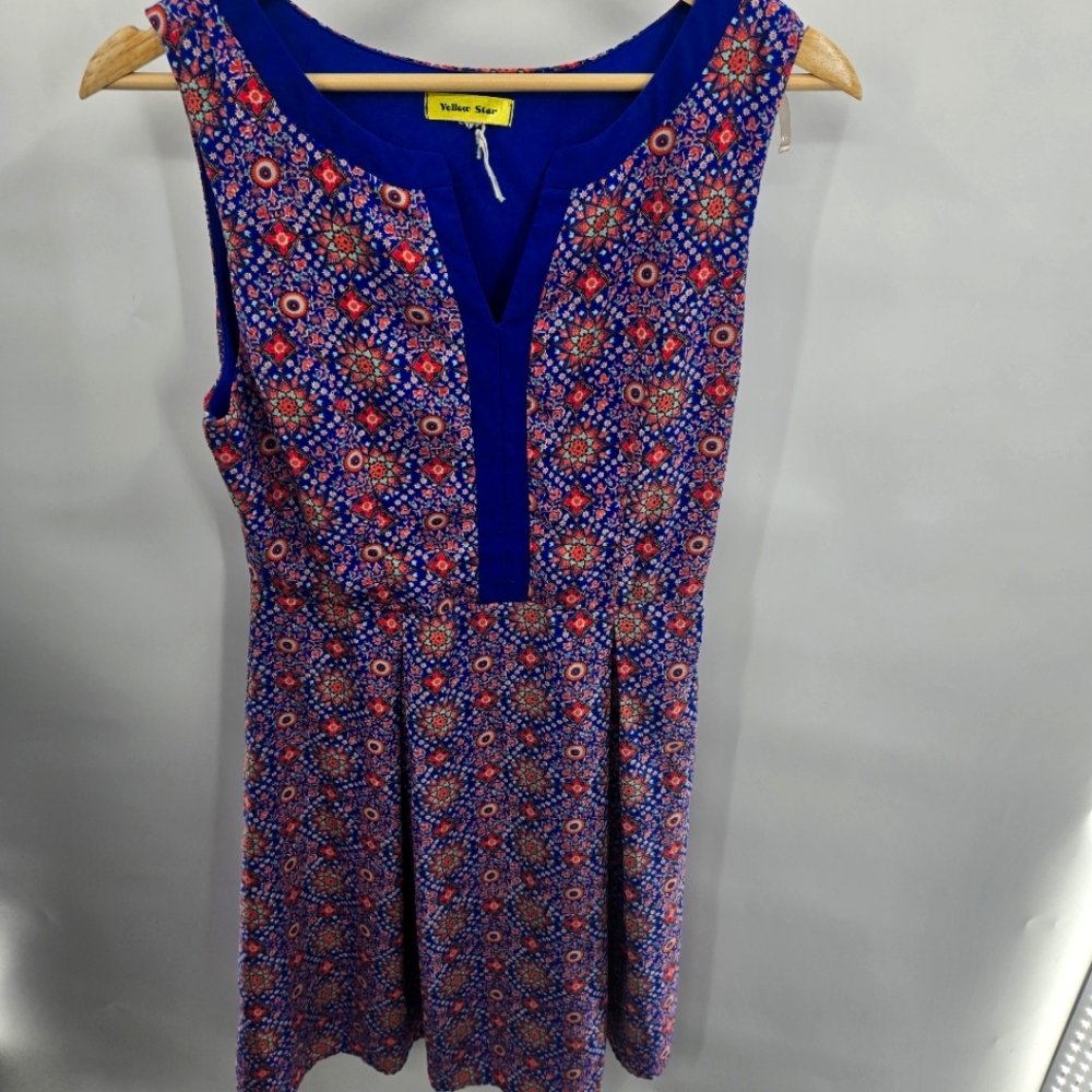 Vintage Yellowstar Blue Pink Floral Geometric Lined Retro Y2K Mini Dress Medium